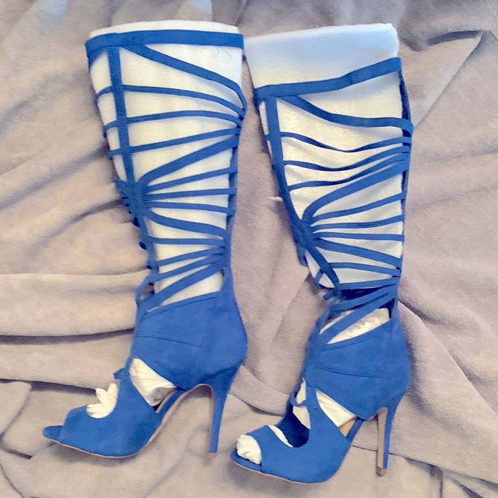 Blue Strappy, Open Toe, back zipper up to the knee Boots